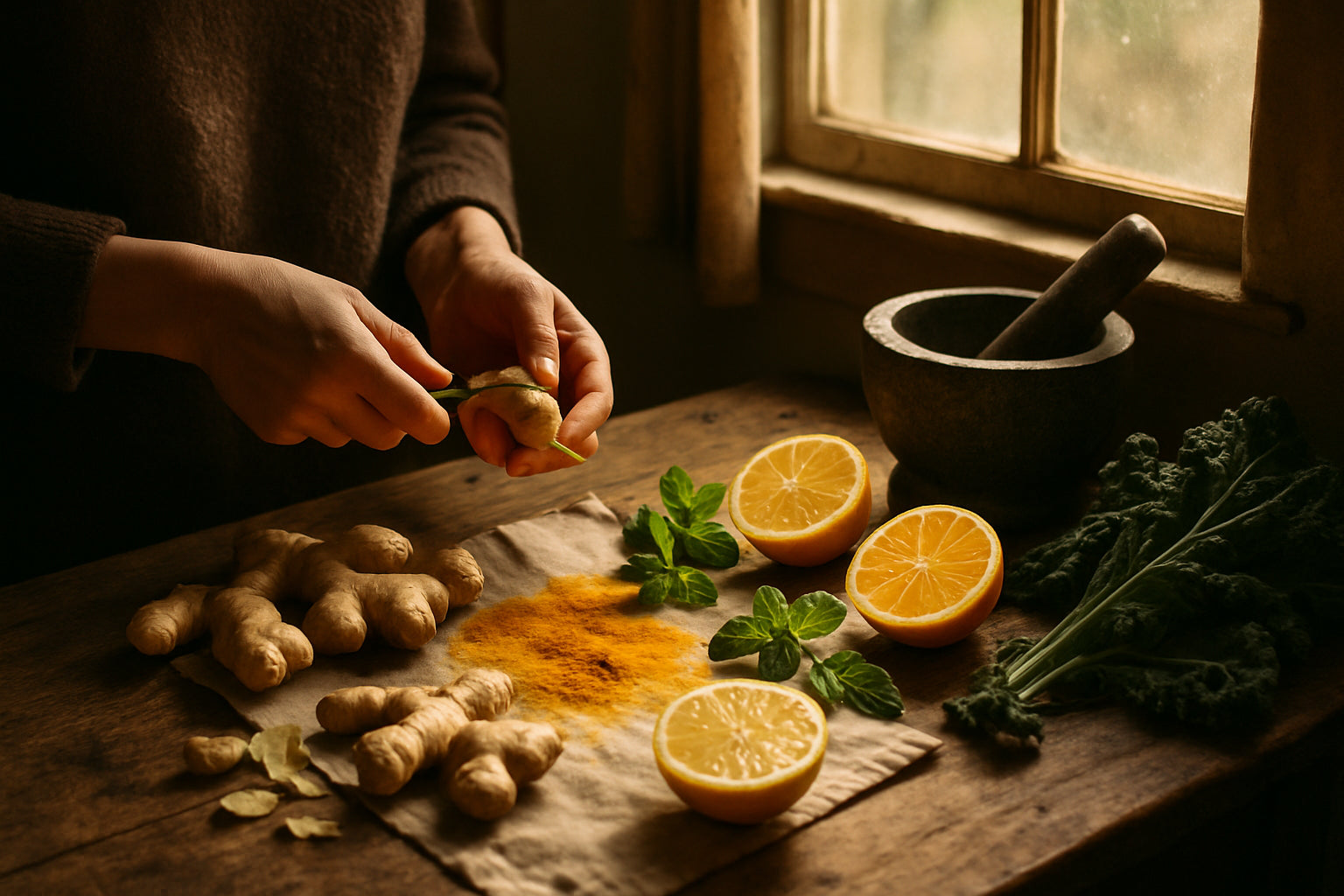 Hands chopping fresh turmeric and preparing sliced lemon and garlic in a natural kitchen setting